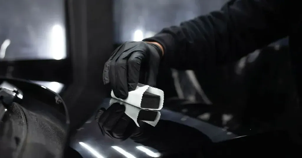 Hand applying ceramic coating on glossy black car surface